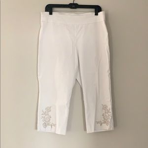 White flowy pants (below knew level) white floral
